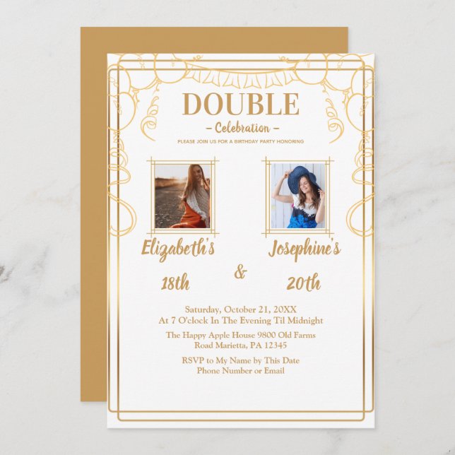 White Adult Joint Birthday Party 2 Foto Einladung (Vorne/Hinten)