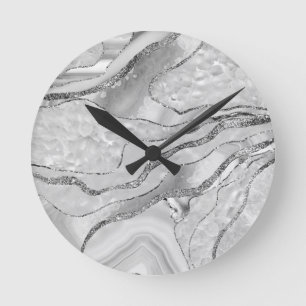 White Agate Silver Glitzer Glam #1 (Imitate Glitze Runde Wanduhr