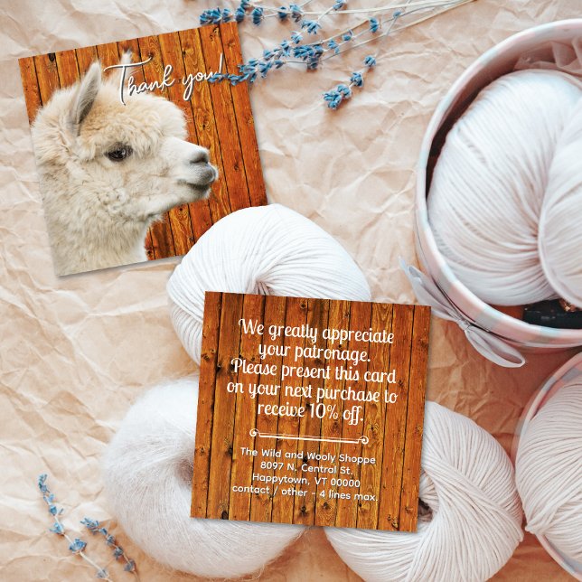 White Alpaca Thank You Discount Business Card Quadratische Visitenkarte (Von Creator hochgeladen)