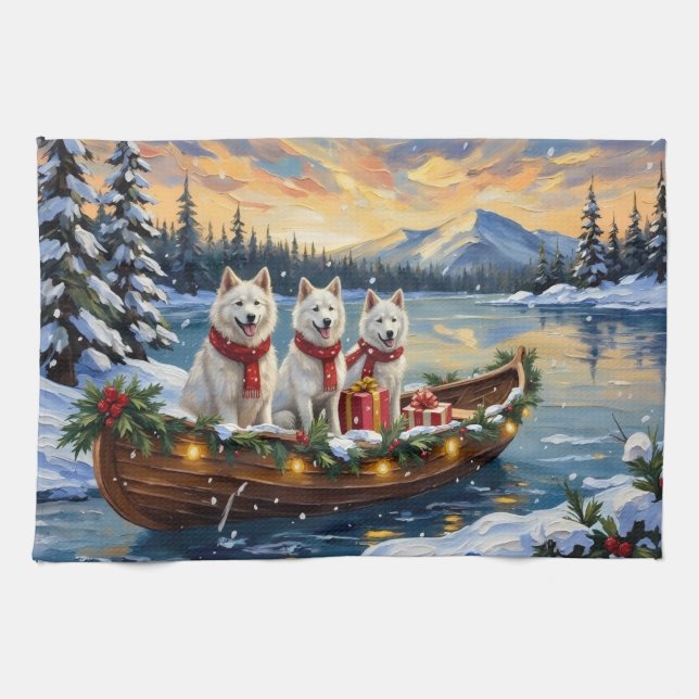 White American Eskimo Dog Christmas Boat Holiday Geschirrtuch (Horizontal)