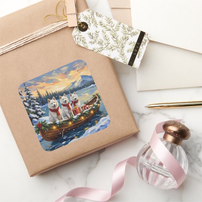 White American Eskimo Dog Christmas Boat Holiday Quadratischer Aufkleber (Schenken)