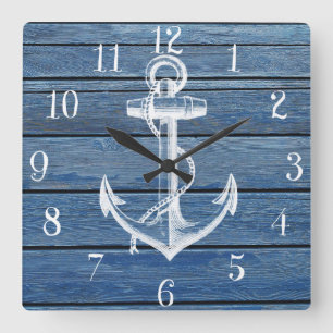 White Anchor And Vintage Blue Wood Quadratische Wanduhr