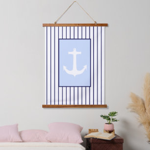 White Anchor Kapitän Blue Stripes Sea Wandteppich Mit Holzrahmen