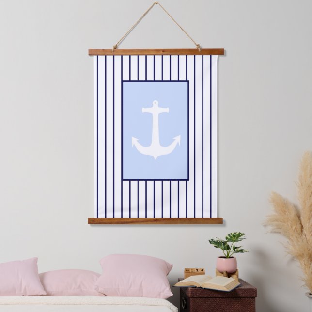 White Anchor Kapitän Blue Stripes Sea Wandteppich Mit Holzrahmen (Schlafzimmer)