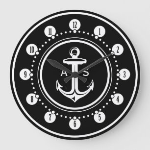 White anchor with initials   Nautical Gifts Große Wanduhr