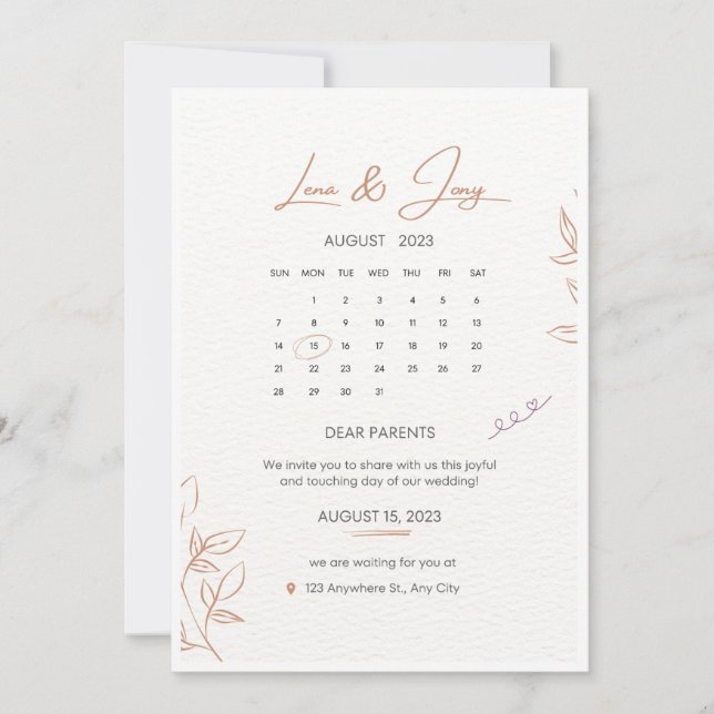White and Beige Minimalistic Calendar Wedding Invi Einladung (Vorderseite)