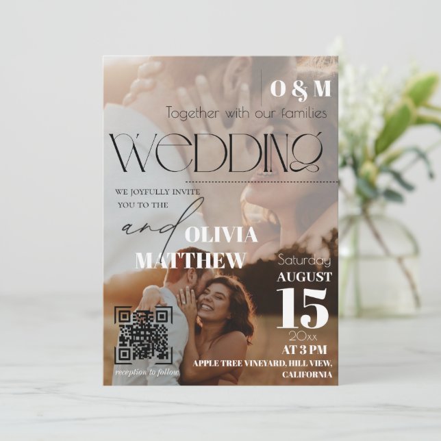 White and black Magazine Cover Wedding  Invitation Einladung (Stehend Vorderseite)