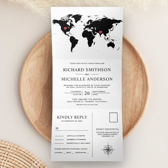 White and Black World Map All in One Wedding Dreifach Gefaltete Einladung (Von Creator hochgeladen)
