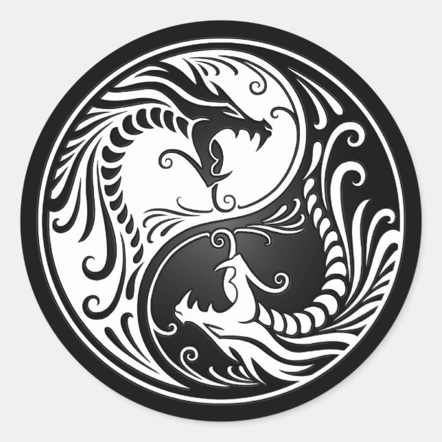 White and Black Yin Yang Dragons Runder Aufkleber (Vorderseite)