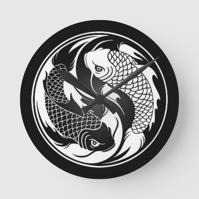 White and Black Yin Yang Koi Fish Runde Wanduhr (Vorderseite)