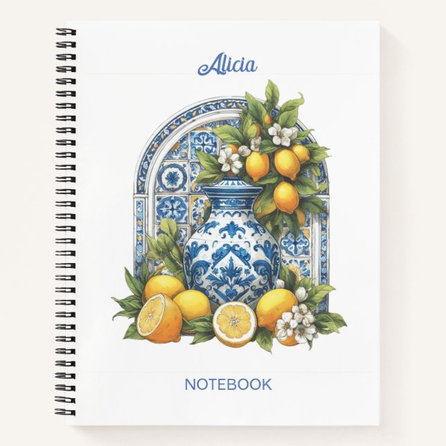 White and Blue Amalfi Keramik Vase Lemons Italien Notizbuch (Vorderseite)