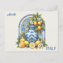 White and Blue Amalfi Keramik Vase Lemons Italien Postkarte