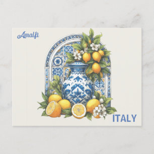 White and Blue Amalfi Keramik Vase Lemons Italien Postkarte