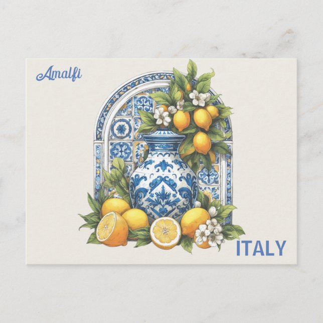White and Blue Amalfi Keramik Vase Lemons Italien Postkarte