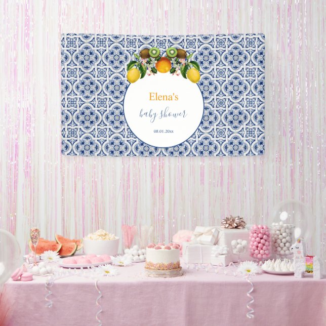 White and Blue Amalfi Lemons Italien Babydusche Banner (Party)