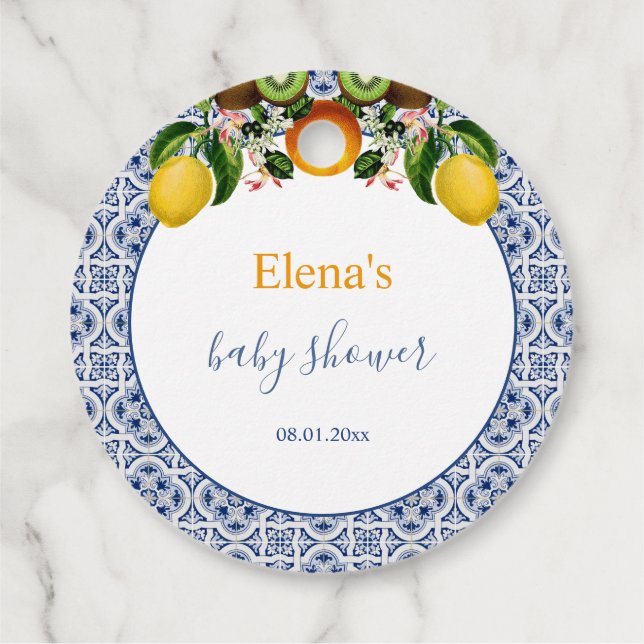 White and Blue Amalfi Lemons Italien Babydusche Geschenkanhänger (Rückseite)