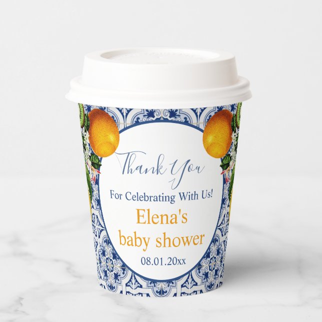 White and Blue Amalfi Lemons Italien Babydusche Pappbecher (Links)