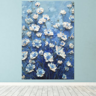 White and Blue Blossoms on Rich Blue Abstract Wall Leinwanddruck