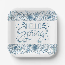White and Blue Hello Spring Paper Plate