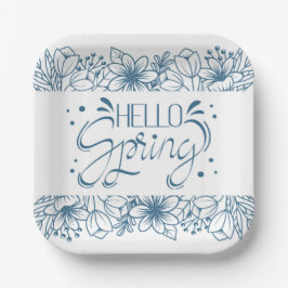 White and Blue Hello Spring Paper Plate Pappteller