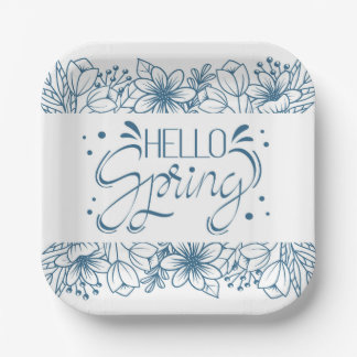 White and Blue Hello Spring Paper Plate Pappteller