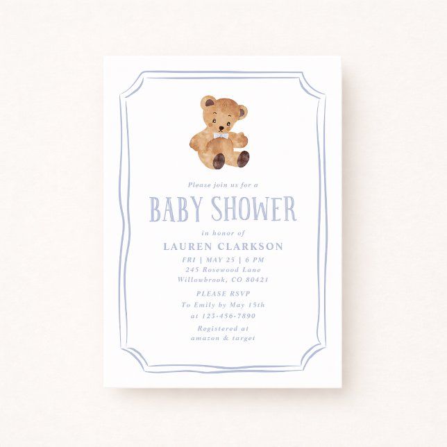 White and Blue Teddy Bear Baby Shower Invitation Ankündigung (Von Creator hochgeladen)