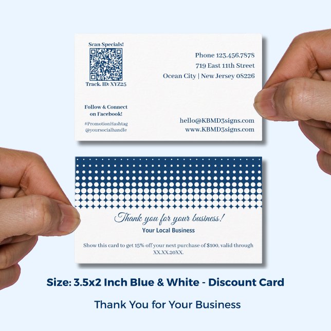 White and Blue Thank You For Your Business and Rabattkarte (White and Blue Thank You For Your Business and Discount Card; Size 3.5x2 Inch, QR code)