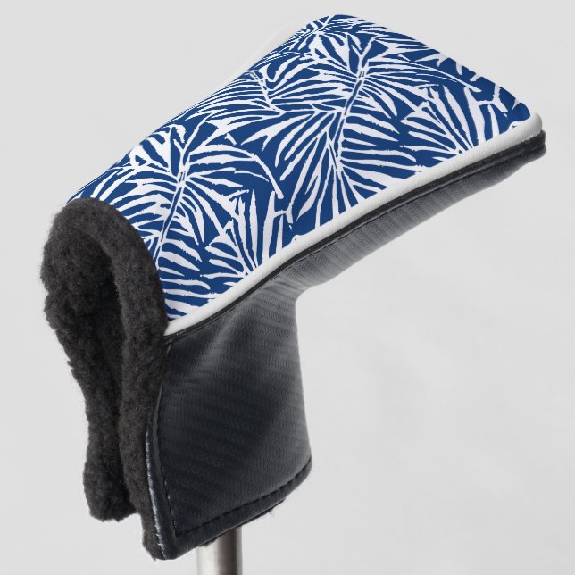 White And Blue Tropical Leaf Repeating Pattern Golf Headcover (3/4 Vorderseite)
