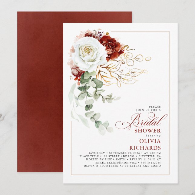 White and Burgundy Red Floral Fall Bridal Shower Einladung (Vorne/Hinten)