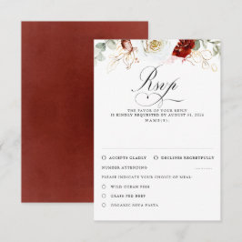 White and Burgundy Red Flowers Wedding RSVP Karte