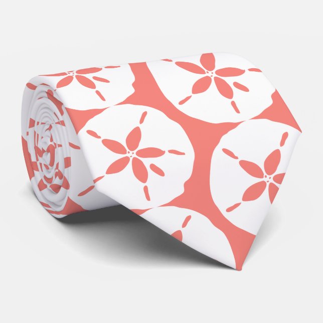 White and Coral Sand Dollar Print Beach Hochzeit Krawatte (Gerollt)
