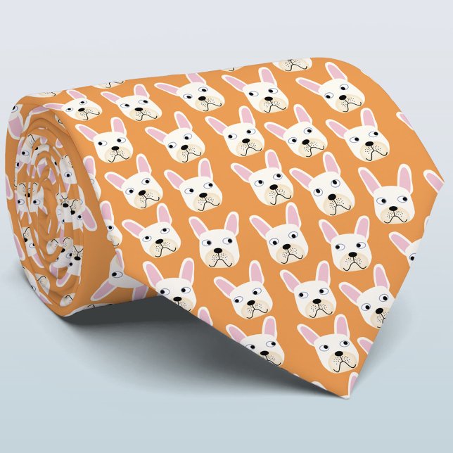 White and Cream French Bulldog Orange Neck Tie Krawatte (Fun French Bulldog orange neck tie)