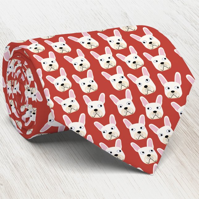 White and Cream French Bulldog Red Neck Tie Krawatte (White and cream French Bulldog dog pattern red art neck tie)