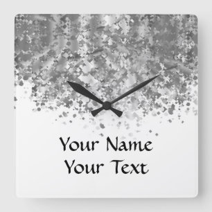 White and faux glitter personalized quadratische wanduhr