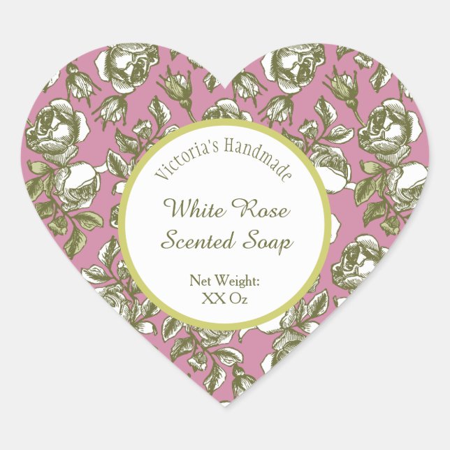 White and Faux Gold Rose on Pink Editable Soap Herz-Aufkleber (Vorderseite)