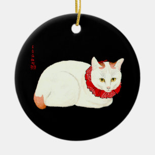 White and Ginger Japanese Cat Keramik Ornament