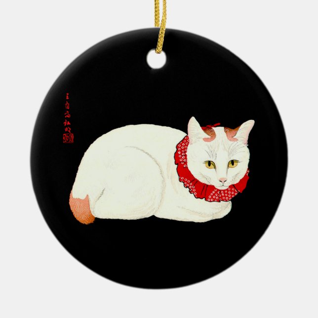 White and Ginger Japanese Cat Keramik Ornament (Vorne)
