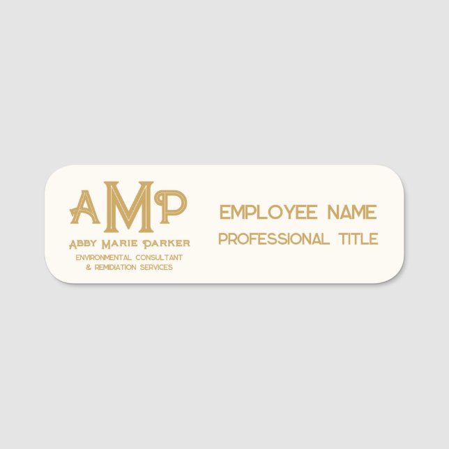 White and Gold 3 Letter Monogram Business Employee Namensschild (Vorderseite)