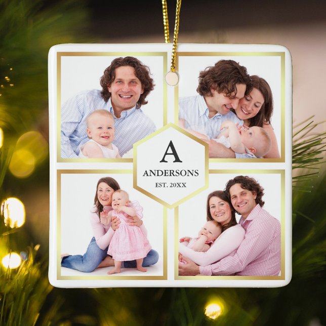 White and Gold 4 Pictures Family Foto Collage Keramikornament (Von Creator hochgeladen)