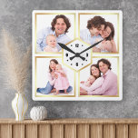 White and Gold 4 Pictures Family Foto Collage Quadratische Wanduhr<br><div class="desc">Laden Sie Ihre Lieblings-Fotos hoch,  um Ihr eigenes personalisiertes Keepake-Foto-Geschenk zu machen.</div>