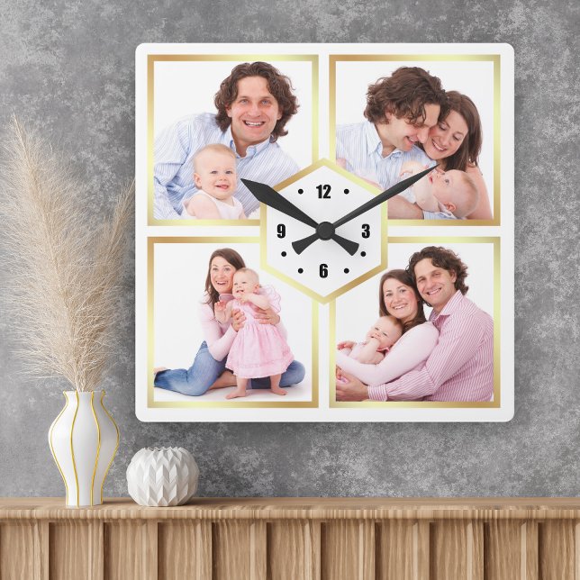White and Gold 4 Pictures Family Foto Collage Quadratische Wanduhr (Von Creator hochgeladen)
