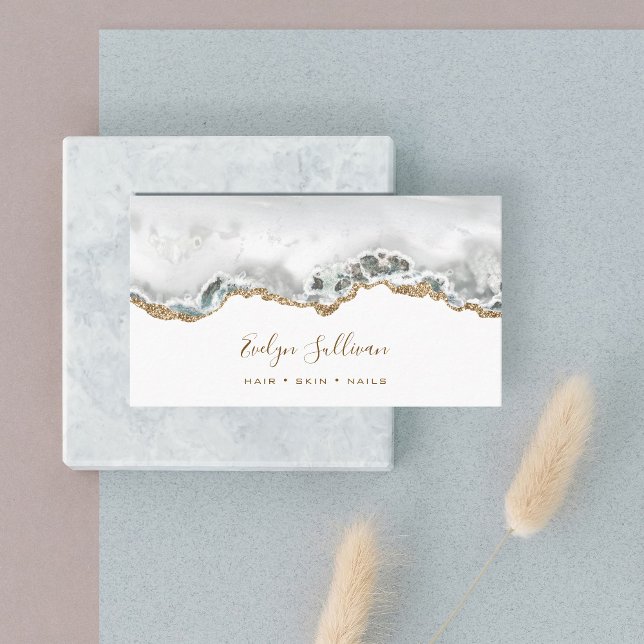 White and Gold Agate Business Card Visitenkarte (Von Creator hochgeladen)