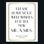 White and Gold Art Deco Gatsby Gästebuch signieren<br><div class="desc">White and gold Art Deco Great Gatsby Hochzeitsgattel Schild drucken Poster mit goldenem Effekt Rahmen und anpassbaren schwarzen Text - Sie können Ihren Text,  Braut und Bräutigam Namen und Hochzeitsdatum hinzufügen. Die Abmessungen des Zeichendrucks (Poster) sind 8 Zoll x 10 Zoll (vertikal).</div>