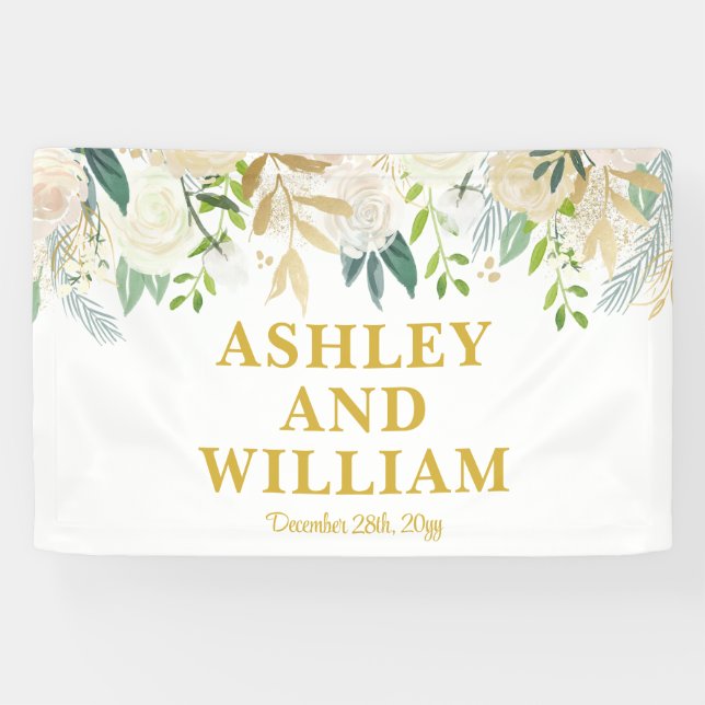 White and Gold Boho Bohemisch Chic Greenerity Wedd Banner (Horizontal)