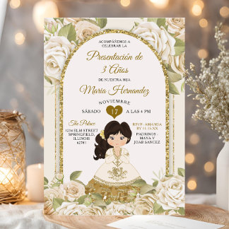 White and Gold Boho Mexican Floral Girl Tres Anos Einladung