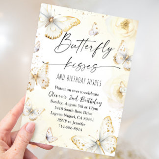 White and Gold Butterfly Kisses Birthday Einladung