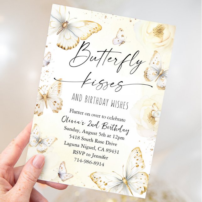 White and Gold Butterfly Kisses Birthday Einladung (Von Creator hochgeladen)