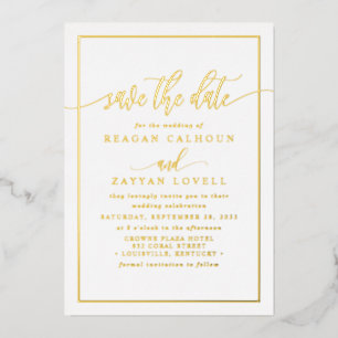 White and Gold Calligraphy Save the Date Foil Card Folieneinladung
