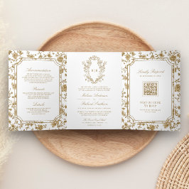 White and Gold Chinoiserie Wappen QR Code Wedding Dreifach Gefaltete Einladung