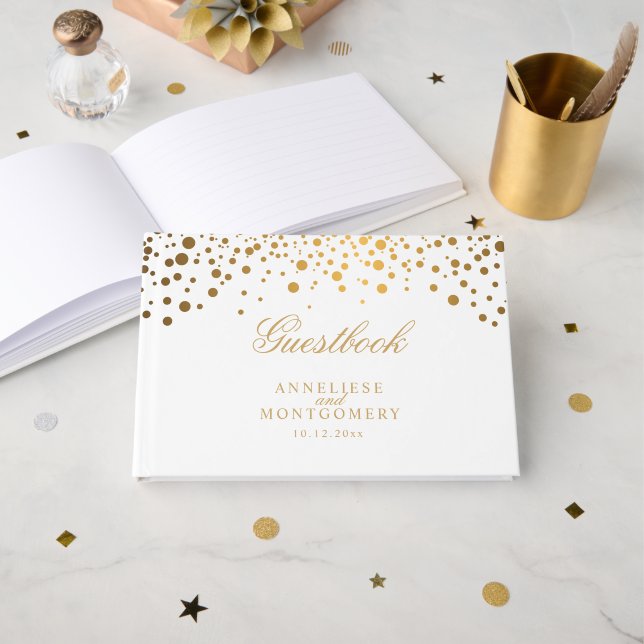 White and Gold Confetti Dots Gästebuch (Vorderseite Offen)